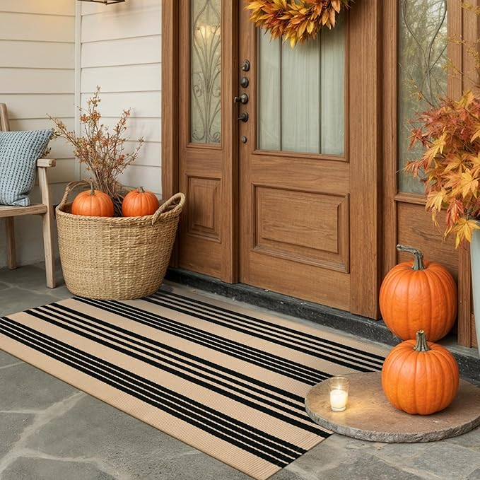 KIMODE Fall Front Door Mat 24"x51", Black and Khaki Striped Layered Door Mat Outdoor, Washable Farmhouse Front Porch Rug Halloween Thanksgiving Decorations, Cotton Hand Woven Entryway Rug
