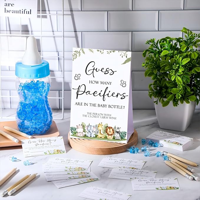 Roowest 512 Pcs Baby Shower Games Guess How Many Pacifiers Sign 100 Small Guessing Games 10 HB Pencils 750ml Milk Bottle 400 Acrylic Pacifiers Decoration for Guest Gender Reveal(Blue,Animal)