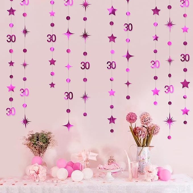 Hot Pink 30th Birthday Decorations Number 30 Circle Dot Twinkle Star Garland Glitter Hanging Streamer Bunting Banner Backdrop for Women Mens Dirty Thirty Cheers to 30 Years Anniversary Party Supplies