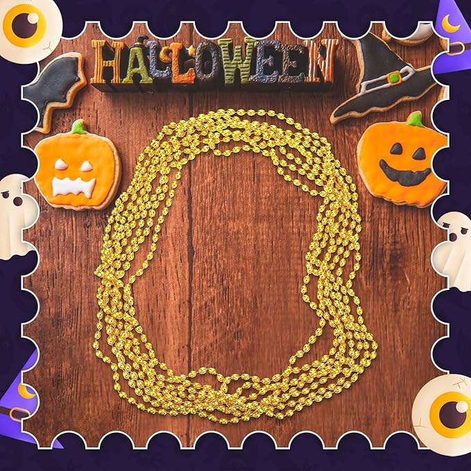 Riceshoot 200 Pcs Gold Bead Necklace Bulk Mardi Gras Oval Beads Necklace Party Favors 33" 7mm Metallic Color Beaded Costume Necklaces for Halloween Christmas Festive Event Accessories