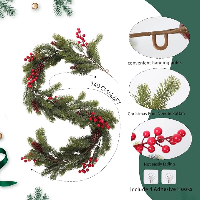 RECUTMS 4.6ft Christmas Garlands Christmas Decorations Pine Garland with Pine Cones and Red Berries Holiday Garland for Indoor Tabletop and Stair Railing Xmas Decorations Elegant Holiday Décor（Green）