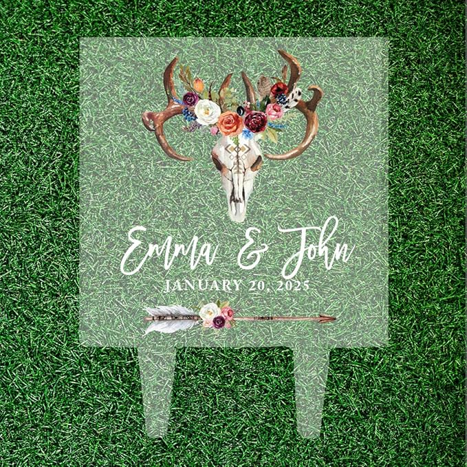Andaz Press Boho Woodland Antlers Custom Wedding Cake Topper, Acrylic Square Personalized Couple Cake Topper