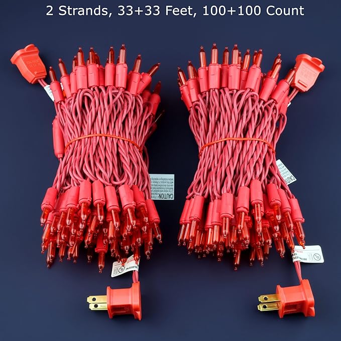 200 LED Christmas Lights with Red Wire, Pack of 2 Sets 33 ft 100 Count UL Certified Commercial Grade String Light