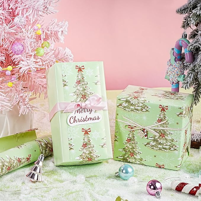 WRAPAHOLIC Reversible Christmas Wrapping Paper - Mini Roll - 17 Inch x 33 Feet - Light Green Christmas Tree Wrapping Paper for Xmas Holiday, Party Celebration