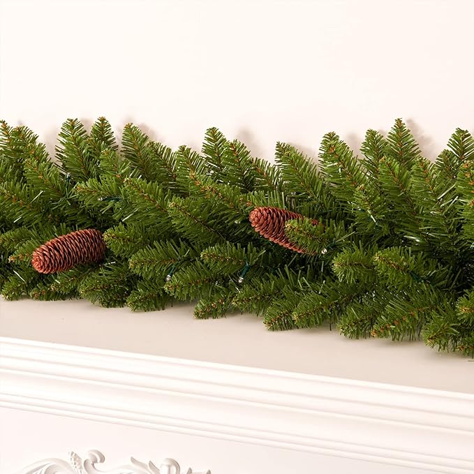 9Ft Pre-Lit Christmas Garland, Plug in, Green, 50 Clear Lights, Fireplace Stairs Mantle Door Indoor Outdoor, Decorated with Pine Cones