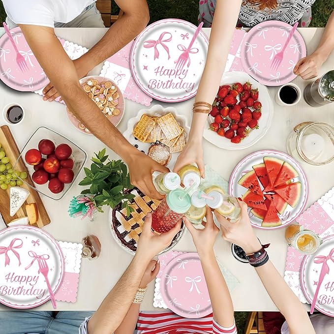 101Pcs Bow Birthday Decorations Pink Bow Themed Party Tableware Set-Paper Plates and Napkins,Forks,Pink Bow Tablecloths for Baby Shower Party,Girls Birthday Party,Serves 25 Guests