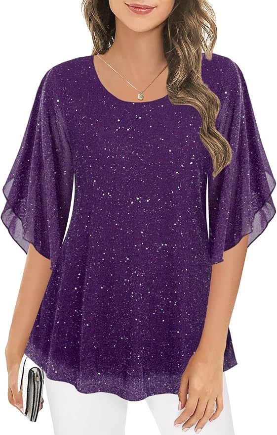 Ninedaily Women's Tops 3/4 Sleeve Blouses Dressy Casual Double Layers Mesh Tunic Shirts