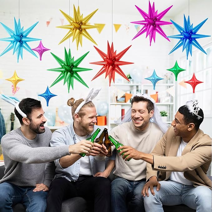 18 Pcs Colorful Star Balloons, Multi-color Stars Foil Balloon with 6 Pcs 22-Inch Explosion Star Balloons 12Pcs 10-Inch Four Pointed Stars Balloon for Baby Shower Kids Birthday Party Decoration