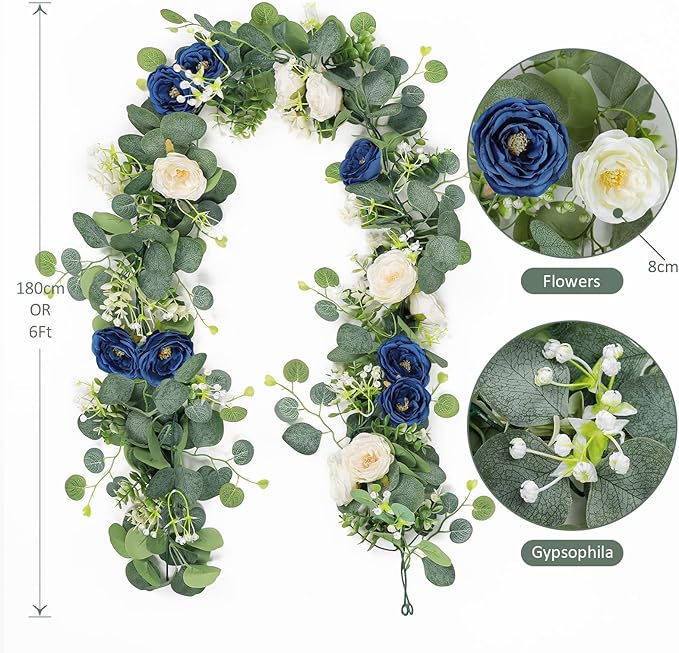 TOCHGREEN 4 Pack Artificial Eucalyptus Flower Garland with White and Blue Roses, Fake Rose Flower Greenery Garland Floral Vines for Wedding Home Party Table Runner Decor (Blue White, 4PCS)