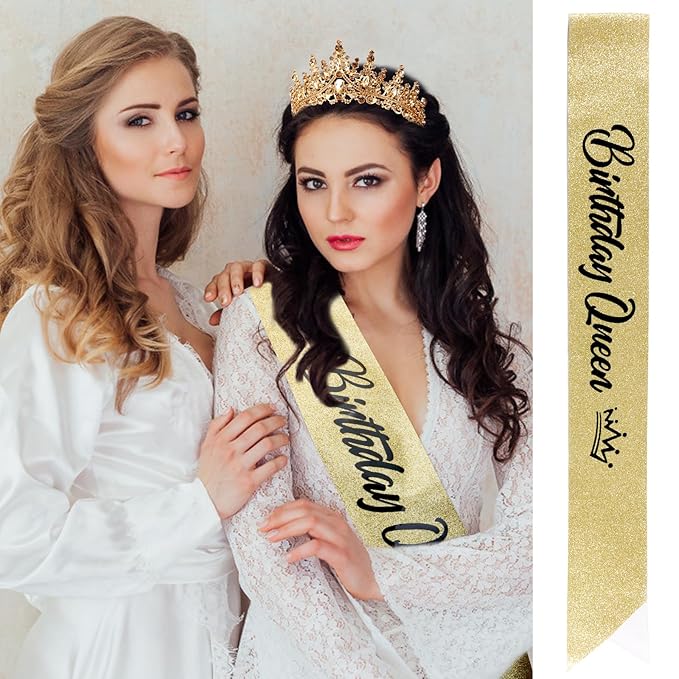 VELSCRUN Birthday Queen Tiara Crowns for Women Girls Gold Crystal Birthday Queen Headband Sash Elegant Princess Crown Happy Birth Party Decorations Mom Sisters Birth Gift Hair Accessories
