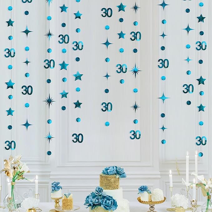 Aqua Blue 30th Birthday Decorations Number 30 Circle Dot Star Garland Metallic Hanging Streamer Bunting Banner Backdrop for Her Womens Dirty 30 Year Old Birthday Thirty Anniversary Party Supplies