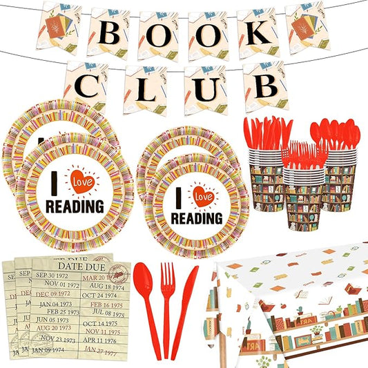 142 Pcs Vintage Book Theme Party Tableware Book Club Birthday Party Supplies Library Reading Themed Disposable Plates Napkins Cups and Forks Set