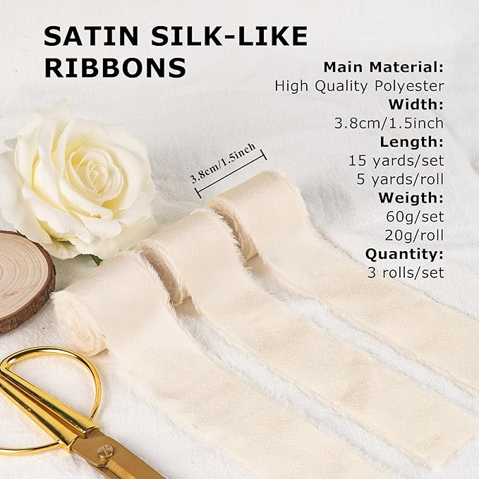 Satin Silk Ribbon, Ivory White Ribbon for Wrapping, 1-1/2 inch x 15 Yd Handmade Frayed Fringe Ribbon, for Wedding Engagement Birthday Showers Craft Flower Bouquet Invitation Decor, 3 Rolls