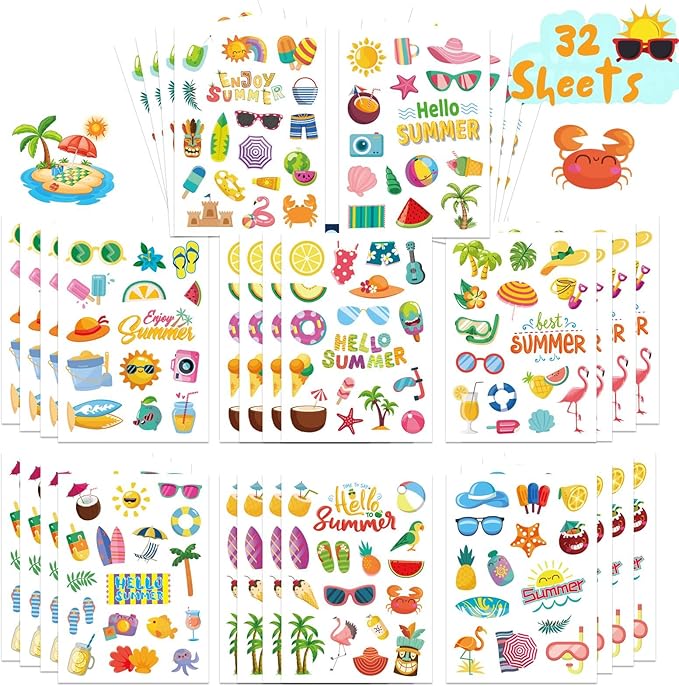 32 Sheet Summer Stickers, Summer Fun Sticker Sheets for Kids - Waterproof, Luau Hawaii Beach Party Decorations, Beach & Tropical Themed Stickers for Scrapbook, Water Bottles, Party Favor Kids Birthday