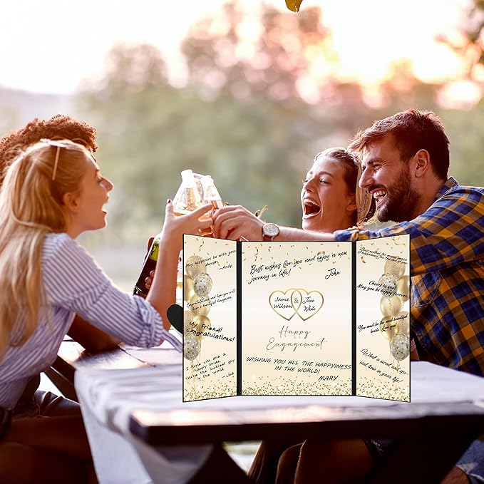 DARUNAXY Black Gold Engagement Party Decorations, Happy Engagement Alternative Signature Guest Book Just Engaged Gifts Almost Married Congratulations Engagement Signing Card Board Party Supplies