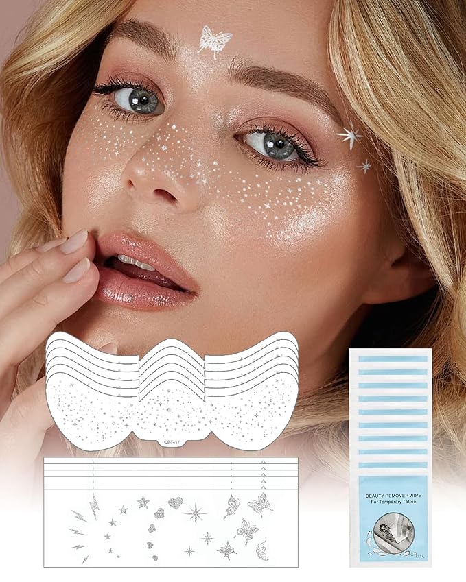 Glitter Freckles Face Tattoo Patches - 12PCS Temporary Sparkle Face Stickers with 10 Remover Wipes | Waterproof Festival Rave Party Makeup Accessories for Women Girls (Silver)