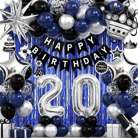 20th Birthday Decorations for Men and Women, Black Blue Silver Happy Birthday Number 20 Balloons, Banner, Fringe Curtains Garland Kit - 20 Year Old Party Supplies