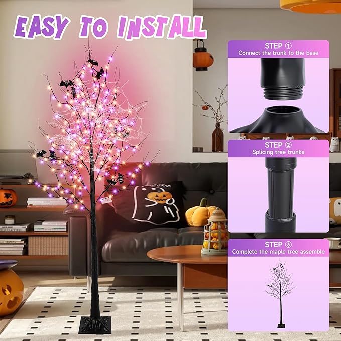 Halloween Lighted Tree with 260 LED Lights, 6FT Black Halloween Tree with Timer, 8 Modes, Dimmable, Spider Web & Bats DIY, Indoor Outdoor Halloween Decorations