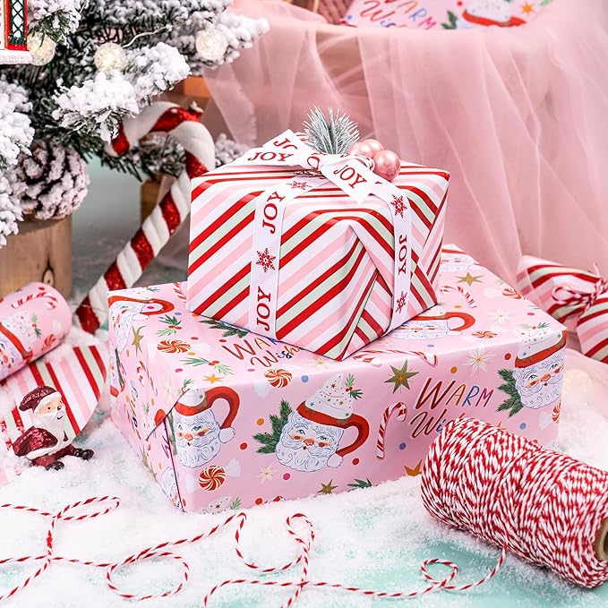WRAPAHOLIC 30 Inch Jumbo Reversible Christmas Wrapping Paper - 30 Inch x 33 Feet - Santa Claus Cup and Stripe Wrapping Paper for Chrsitmas, Holiday, Party Celebration