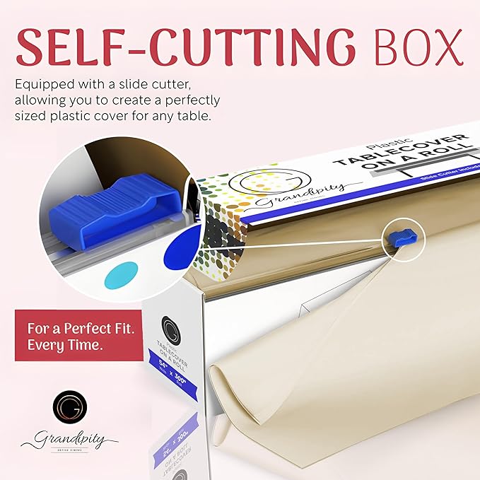 Grandipity Plastic Tablecloth Roll - 54in x 300 Ft. Ivory Plastic Table Cloths for Parties Disposable with Cutter Box - Cut to Size Disposable Tablecloth Table Cover for Rectangle & Round