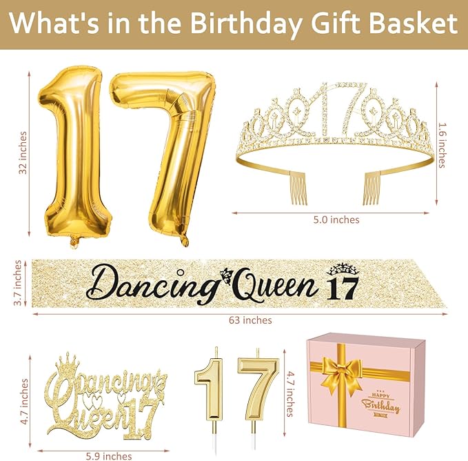 Dancing Queen Party Decorations 17 with Gold Dancing Queen Sash and Tiara, Cake Topper and Candles, Number Balloons Gold for 17th Birthday Decorations for Girls