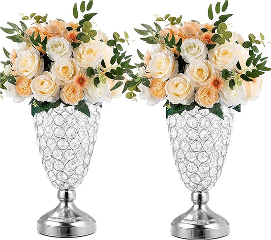Crystal Trumpet Floral Vase -2 Pcs Centerpieces for Wedding Table, 10.6 Inch Wrought Iron Crystal Vase, Flower Vases for Party Dinner Centerpiece Event, Anniversary Ceremony Birthday Home Decoration