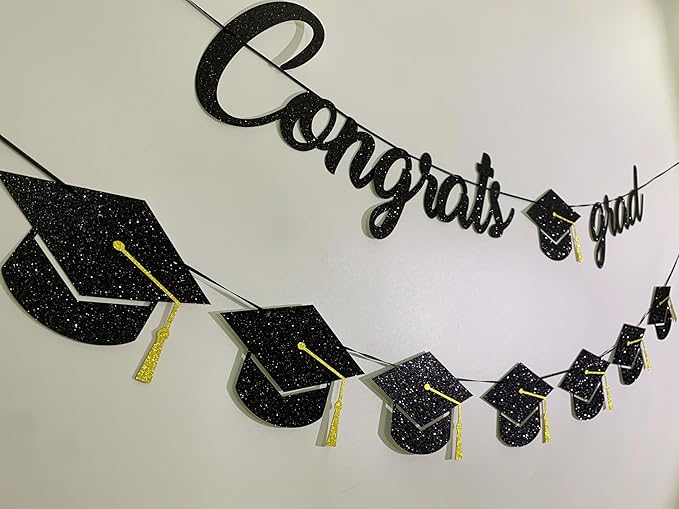Graduation Decorations Class of 2025 Party Supplies - Congrats Grad Banner and Graduation Cap Banner (Pre-Strung)