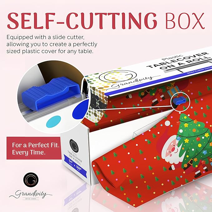 Grandipity Plastic Tablecloth Roll - 54in x 300 Ft. Santa Plastic Table Cloths for Parties Disposable with Cutter Box - Cut to Size Disposable Tablecloth Table Cover for Rectangle & Round