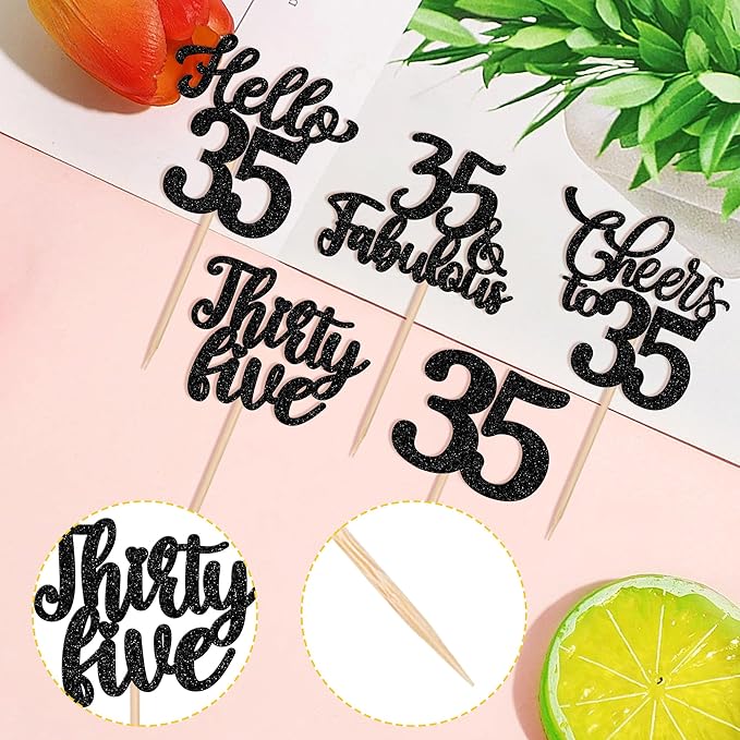 30PCS Happy 35th Birthday Cupcake Toppers Glitter Hello 35 Fabulous Thirty Five Cheers to 35 Years Old Birthday Cupcake Picks for Happy 35th Birthday Anniversary Party Cake Decor Supplies Black