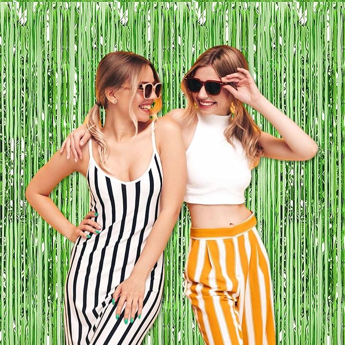 3 Pack Light Green Foil Fringe Curtains Backdrop, 3.28 x 6.6 Ft Metallic Streamers Tinsel Curtains Background for Photo Booth, Birthday, Halloween, Christmas, Thanksgiving, New Year Party Decorations