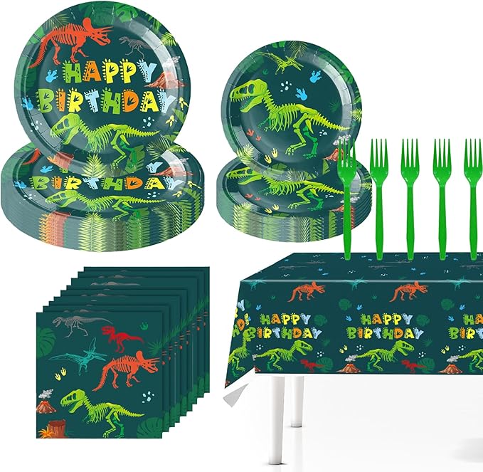 101 PCS Dinosaur Birthday Decorations Dino Party Decorations Set-Plates and Napkins,Tablecloth,Forks for Boy Dinosaur Baby Shower Decorations,Dino Theme Party,Serves 25 Guests