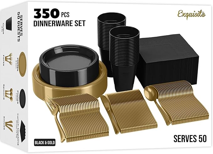 Party Solids 350 Pieces Black & Gold Plastic Plates For Party, Black & Gold Disposable Plates Set, 50 Of Each 9" Dinner Plate Set, 7" Dessert Plate, Cups, Napkins & Cutlery Plastic Dinnerware