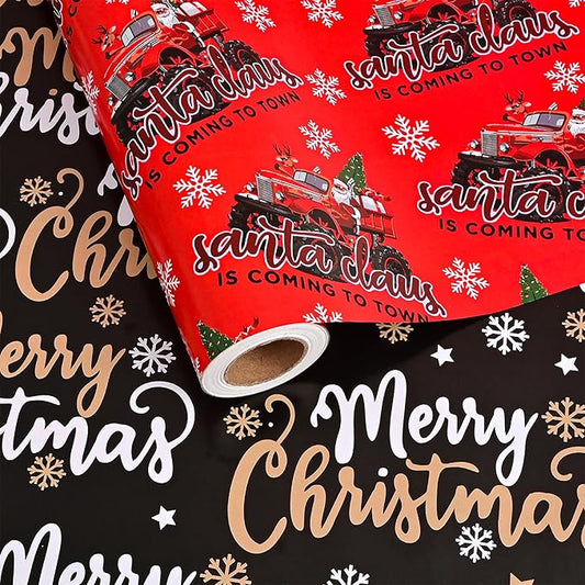 Vnaaem Reversible Monster Truck Christmas Wrapping Paper Roll for Kids Men - Red Xmas Truck, Santa Claus & Merry Christmas Lettering Design Gift Wrap for Holiday Party Celebration, DIY Craft - 17 In X 20 Ft(Total 28.5sq.ft)