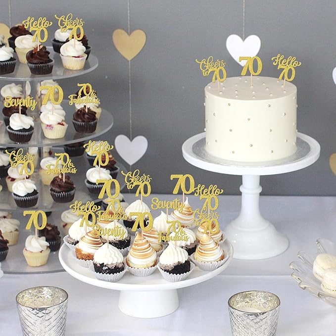 30PCS Happy 70th Birthday Cupcake Toppers Glitter Hello 70 Fabulous Seventy Cheers to 70 Years Old Birthday Cupcake Picks for Happy 70th Birthday Anniversary Party Cake Decorations Supplies Gold
