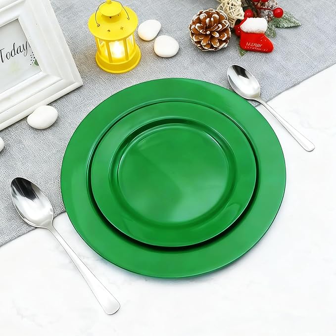 MENDENG 50PCS Green Plastic Plates for Party, 25x10.25 Dinner Plates & 25x7.5 Dessert Plates, Heavy Duty Disposable Plastic Plates for Party Birthday Christmas