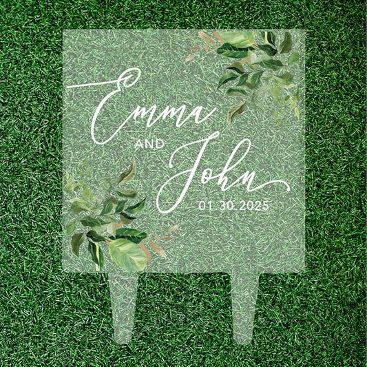 Andaz Press Greenery Eucalyptus Custom Wedding Cake Topper, Acrylic Square Personalized Couple Cake Topper