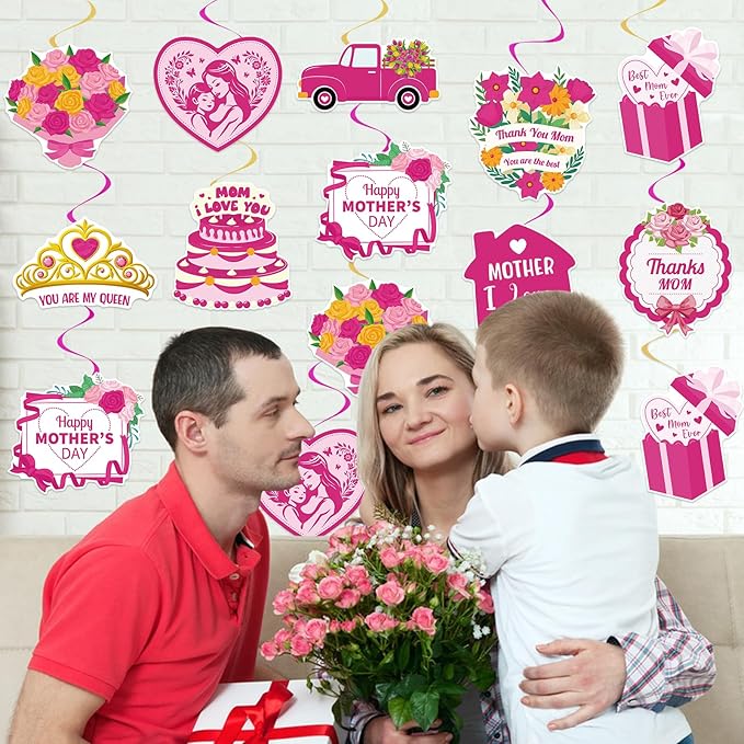 40Pcs Mother's Day Decorations Hanging Swirls, Double Sided Mother's Day Hanging Decorations Best Mom Ever Ceiling Hanging Foil Swirls for Mothers Day Party Decor