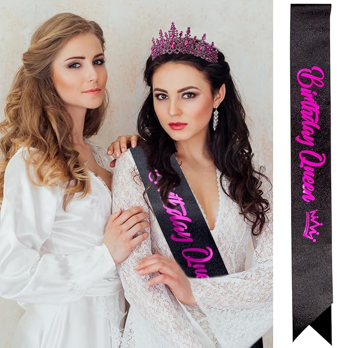 VELSCRUN Birthday Queen Tiara Crowns for Women Girls Rose Pink Crystal Birthday Queen Headband Sash Elegant Princess Crown Happy Birth Party Decorations Mom Sisters Birth Gift Hair Accessories