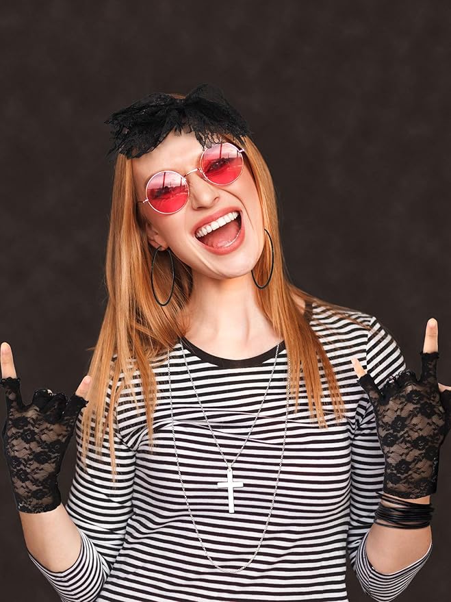Blulu 80s Fancy Dress Costume Accessories Lace Headband Earrings Fishnet Gloves Necklace Bracelet for 80s Retro Party (Black)