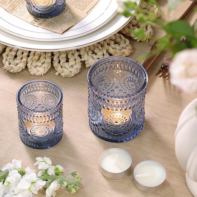 Volens 20pcs Assorted Blue Votive Candle Holders Bulk, Large Glass Votive & Tea Light Candle Holder for Wedding Table Centerpieces, Blue Party Decorations, and Home Decor