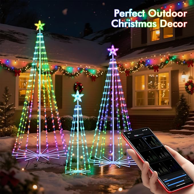 Outdoor Christmas Tree, 3-Pack RGB Color Changing Pre-Lit Smart Cone Christmas Tree with LED Lights, App & Remote Control, Multi-Color Lightshow, Christmas New Year Decoration(4FT&6FT&8FT)