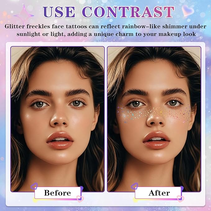 10PCS Holographic Multicolor Glitter Freckles Face Tattoos, Sparkle Freckles Makeup Patches, Long Lasting Waterproof Face Glitter Temporary Tattoos