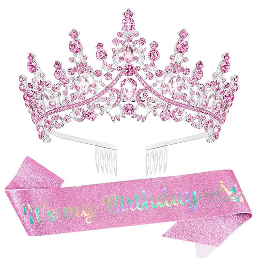 VELSCRUN Pink Crystal Birthday Tiara Crowns for Women Girls It's My Birthday Sash Queen Girls Princess Crown with Combs Happy Birth Party Decorations Mom Sisters Birth Gift Hair Accessories