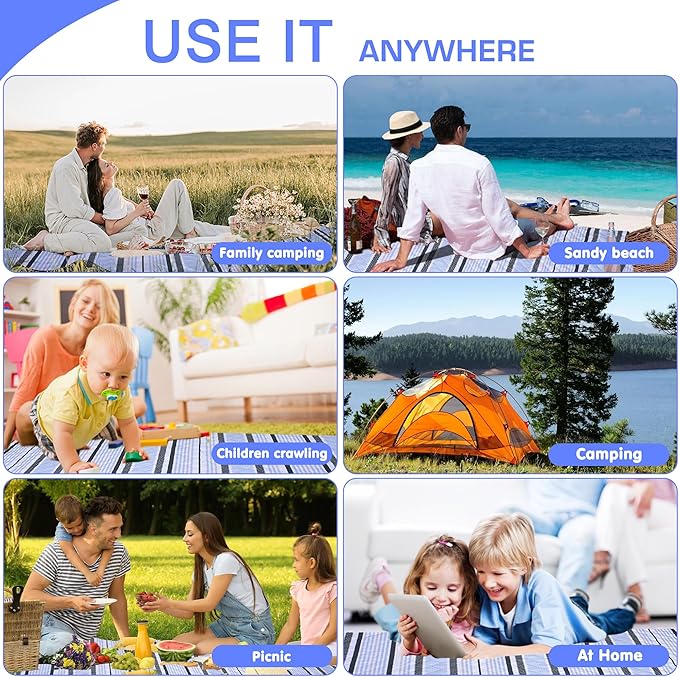 Oversized Waterproof Picnic Mat, Outdoor Beach Mat. Suitable for Camping, Outdoor, Beach, Party and Concert. (Dark Green & Light Blue, 80" * 60")