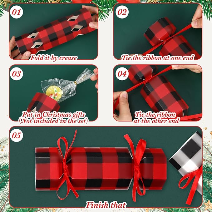 Xinnun 50 Packs Christmas Cracker Kit No Snap Xmas Party Table Favors Snowflake Reindeer DIY Christmas Party Cracker Candy Boxes for Holiday Dinner Decoration Gift (Plaid Style)