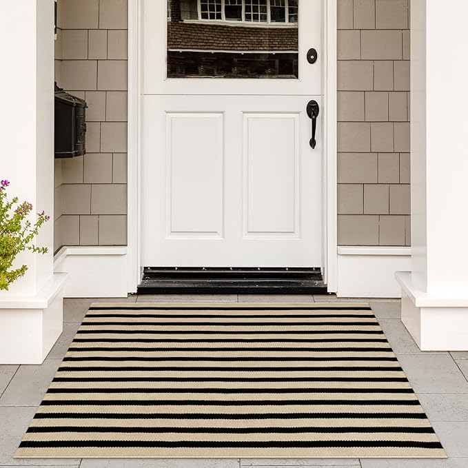 KIMODE Black and Khaki Striped Outdoor Rug 3'x 5', Washable Fall Patio Rugs, Cotton Woven Farmhouse Welcome Layered Door Mats for Front Door Entryway Thanksgiving Autumn Decorations