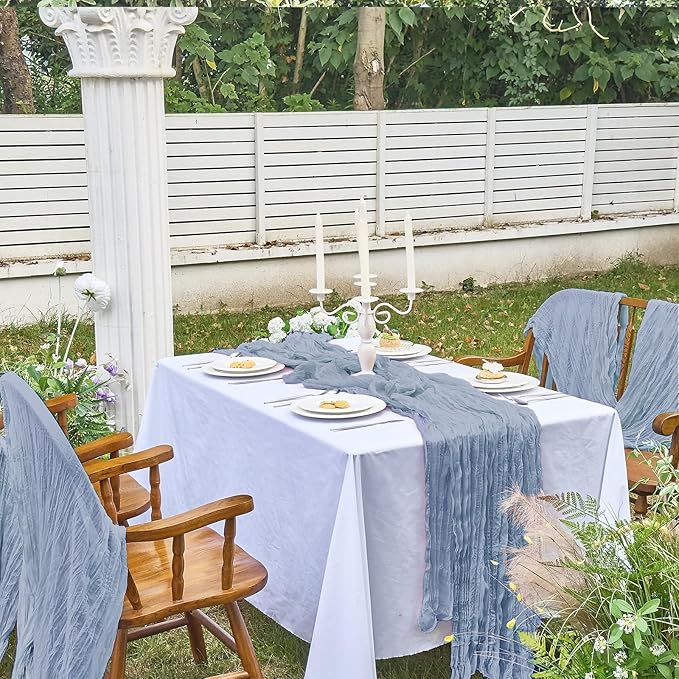 IVAPUPU 10 Pcs Cheesecloth Table Runner - 10ft Dusty Blue Boho Gauze Cheese Cloth Table Runners for Baby Shower Decoration Wedding Party Summer Garden Farmhouse
