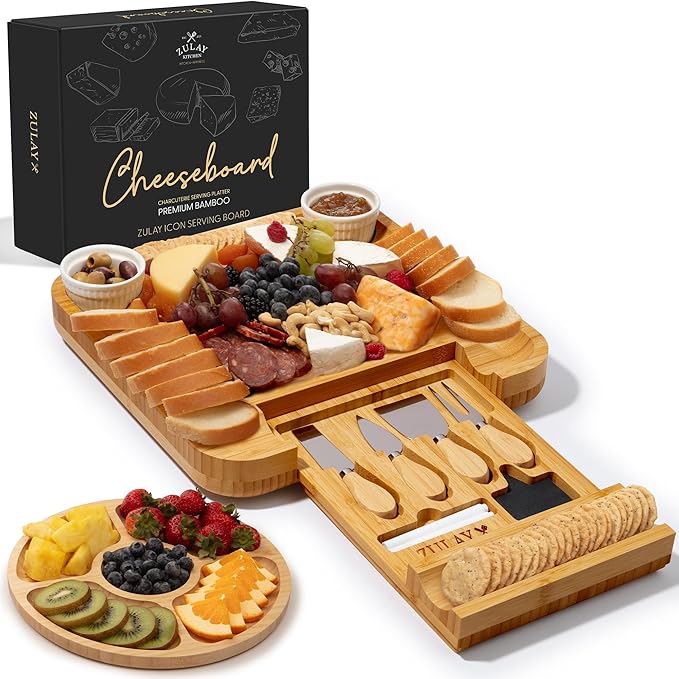 Zulay Kitchen Premium Bamboo Charcuterie Board - Extra Thick Bamboo Board with 4 Piece Knife Set - Perfect for Charcuterie, Wine and Cheese