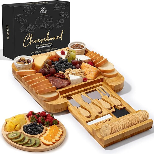 Zulay Kitchen Premium Bamboo Charcuterie Board - Extra Thick Bamboo Board with 4 Piece Knife Set - Perfect for Charcuterie, Wine and Cheese