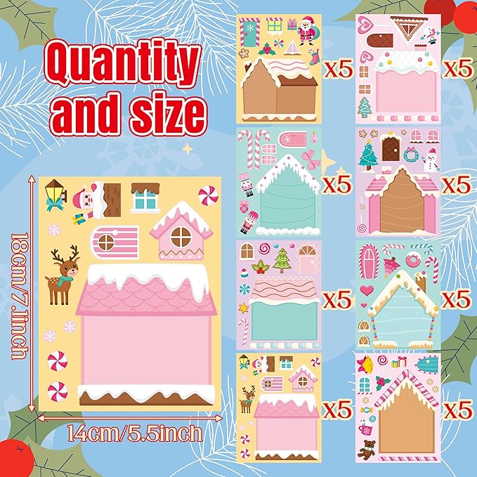 CY2SIDE Christmas Gingerbread House Stickers - 40PCS Pink Gingerbread House Make a Face Sticker Sheets for Kids School Reward, DIY Santa Claus Sticker Game Xmas Winter Party Favor for Home Fun Project